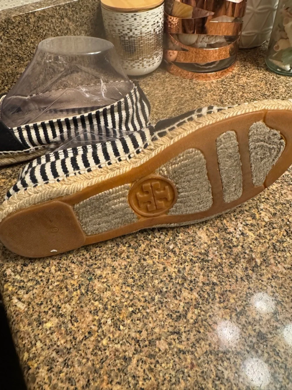 Tory Burch Black and White Striped‎ Espadrille Loafers with Gold Logo Size 9